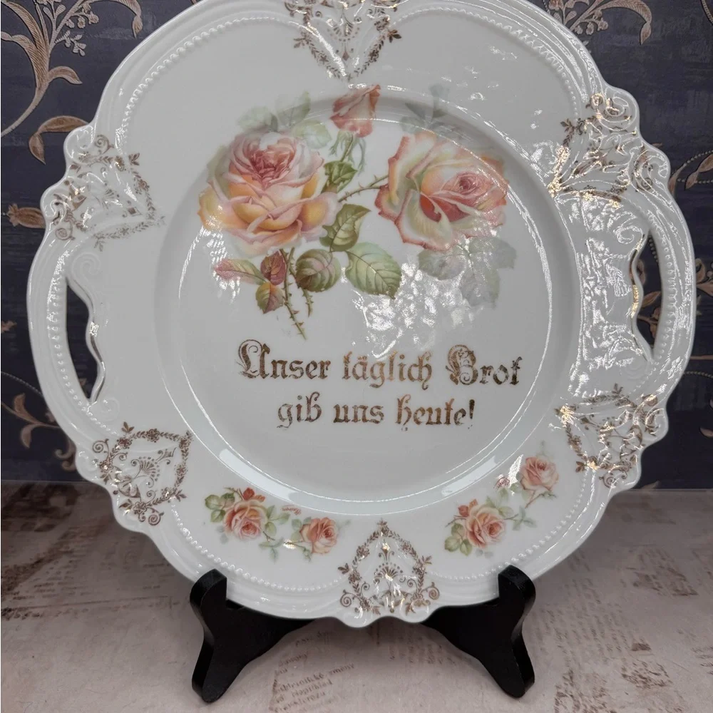Antique German Bavaria Porcelain Bread Plate Roses Gold Handles Marked